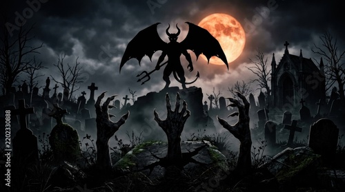 A dark, eerie graveyard with a large, menacing bat silhouette, a full moon, and a church in the background, set against a dark, stormy sky with ominous clouds and a red, glowing moon.