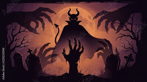 A spooky, dark, Halloween-themed illustration featuring a devilish figure, a full moon, and a graveyard with zombie hands and tombstones.