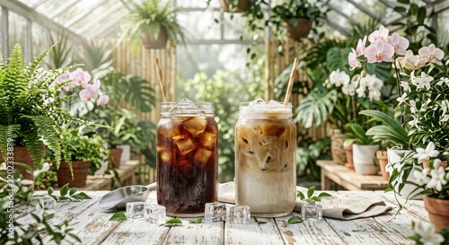 Iced black coffee and creamy latte in glass jars on a rustic table inside a sunlit tropical greenhouse with lush plants and orchids.