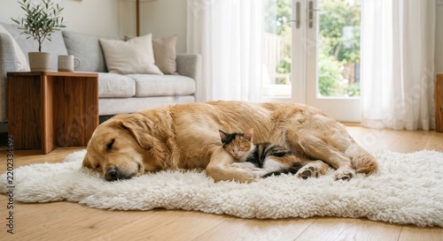 Peaceful Golden Retriever dog and adorable calico kitten sleeping together on a soft white rug in a bright modern living room, showcasing friendship, harmony, and cozy domestic pet life at home.