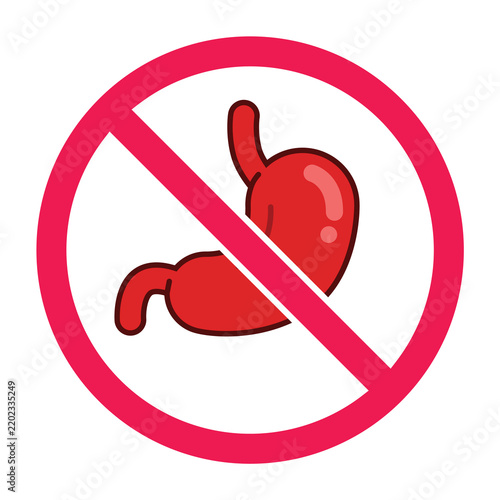 Forbidden sign with stomach icon, stomach prohibited symbol, digestive organ restriction icon