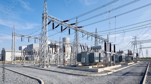 Electrical substation facility with transformers and power lines