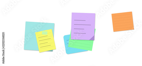 Colorful sticky notes arranged for brainstorming session in office workspace with clean copy space