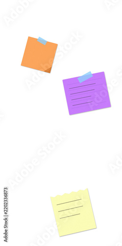 Colorful adhesive sticky notes with tape on white background