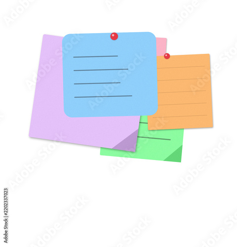 Colorful sticky notes with push pins on white background