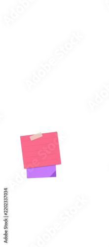 Pink and purple sticky notes with adhesive tape on a white background