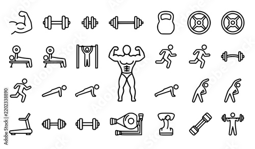Strong Muscles Gym Fitness Training Black White Line Icon Set