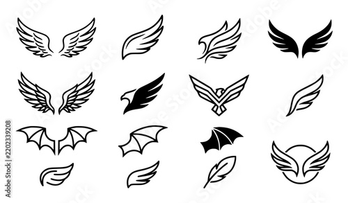 Angel Bird Eagle Bat Minimal Wing Outline Vector Icon Collection