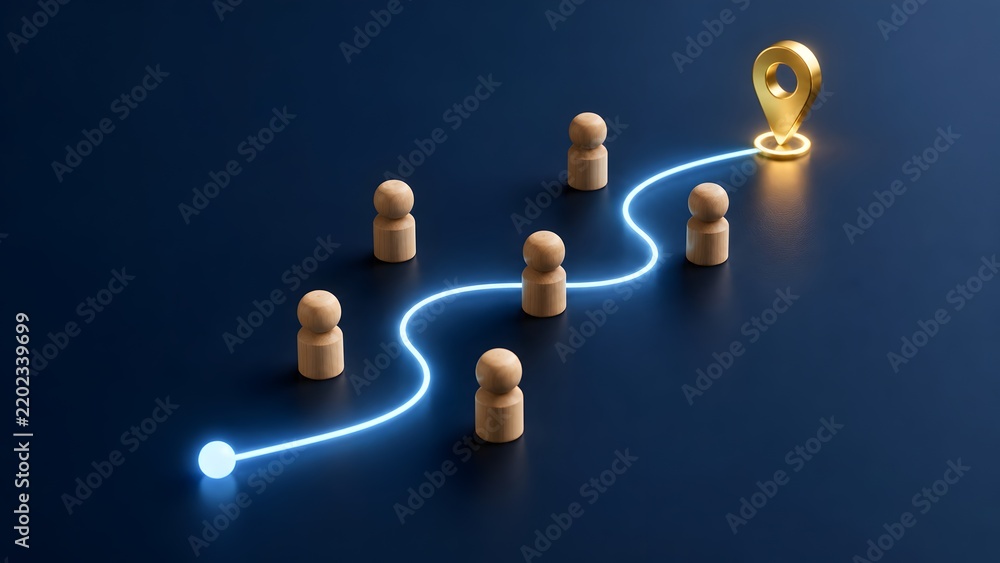 Obraz premium Glowing digital pathway weaving through wooden peg figures towards a golden location pin representing career journey and strategic direction