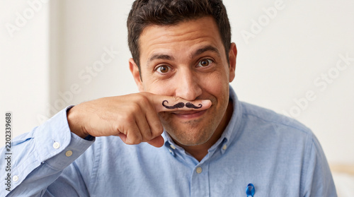 Man holding finger mustache and smiling in a modern indoor setting  