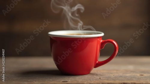 A steaming cup of hot beverage in a vibrant red mug sits on a rustic wooden surface, inviting warmth and comfort.
