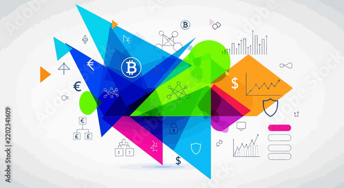 Abstract financial network graphics with cryptocurrency and symbols
