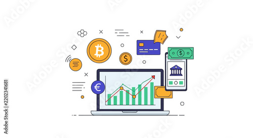 Online banking and cryptocurrency investment vector illustration