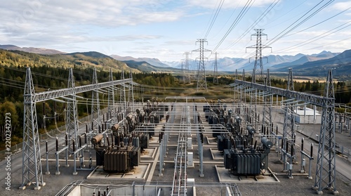 High voltage electrical substation and power lines in the mountains