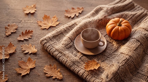Cozy autumn scene with a steaming cup of coffee, a small pumpkin, and dry oak leaves on a knitted sweater