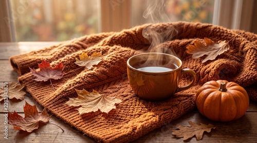 Cozy autumn still life featuring steaming cup of hot tea on warm knitted blanket with dry leaves and small pumpkin on wooden table near window