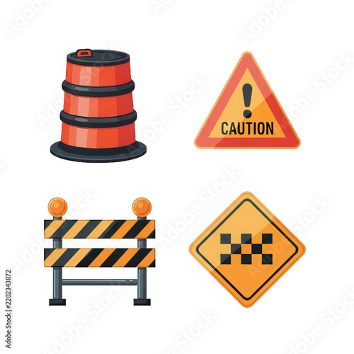 Set of construction site safety equipment including orange traffic barrels barriers and yellow road warning signs