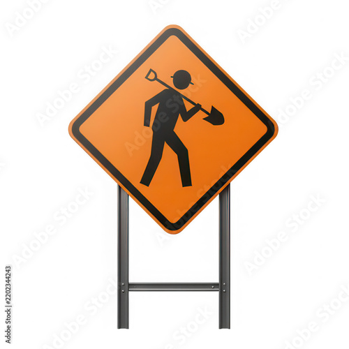 Orange diamond shaped road construction sign with a worker holding a shovel on a black background