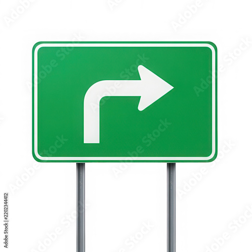 Green road sign with a white arrow pointing to the right isolated on a black background