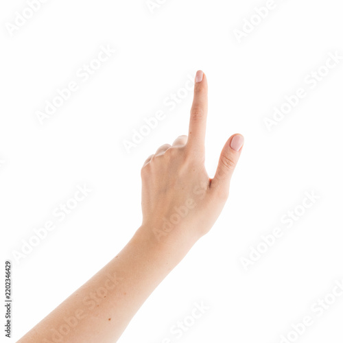 Young woman hand touch screen gesture isolated on white background