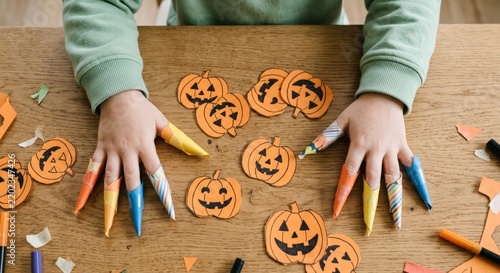 Child Hands Making Halloween DIY Paper Crafts With Cutout Pumpkins And Finger Claws On Wooden Table For Creative Autumn Holiday Celebration