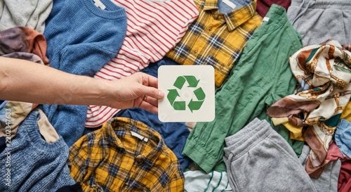 Hand Holding Recycle Sign over Pile of Used Clothes for Sustainable Fashion Textile Recycling and Donation Concept