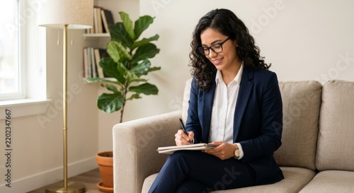 Smiling Businesswoman Sitting on Sofa Writing Notes in Notebook Professional Entrepreneur Working in Modern Home Office