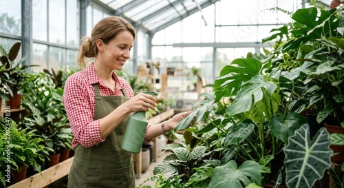 Smiling Female Florist Spraying Houseplants with Water Bottle in Modern Greenhouse Plant Nursery Commercial Small Business