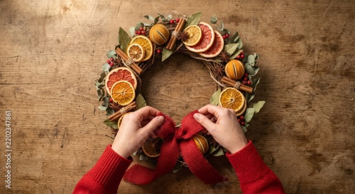 Hands Making DIY Christmas Wreath with Dried Orange Slices Cinnamon and Red Ribbon Bow on Rustic Wooden Table
