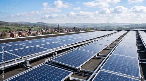 a vast array of solar panels on a commercial rooftop overlooking a scenic rural town
