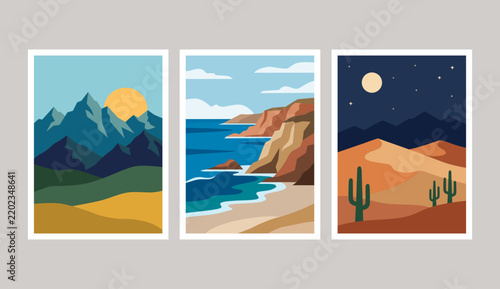 Minimalist nature landscape poster set flat vector illustration of mountain, coastal cliff, and desert night