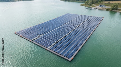 an aerial view of a massive floating solar panel farm on a calm water reservoir