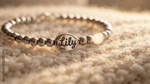 Elegant silver beaded baby bracelet with engraved name charm resting on a soft white textured fabric background
