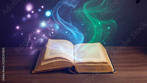 Open book with colorful magical light and glowing particles representing imagination, knowledge, and creative learning