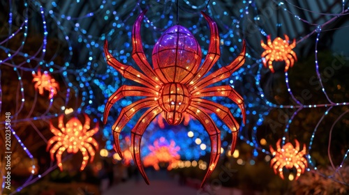 Vibrant illuminated spider decorations hang in a web of glowing blue lights, creating a festive and enchanting nighttime display.
