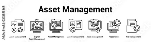 Asset Management web banner icon vector illustration concept for Technology with icon of Asset Management, Digital Asset Management, Asset Management, Asset Management, Asset Management,.
