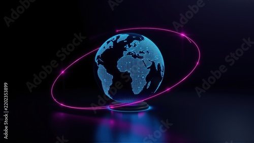 Digital globe floats above dark surface. Bright neon rings orbit planet. Futuristic technology concept, global network visualization.