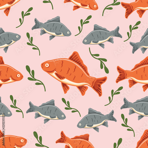Illustrated fish and seaweed seamless pattern background