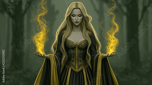 Mystical Blonde Sorceress Summoning Golden Magic in an Enchanted Forest