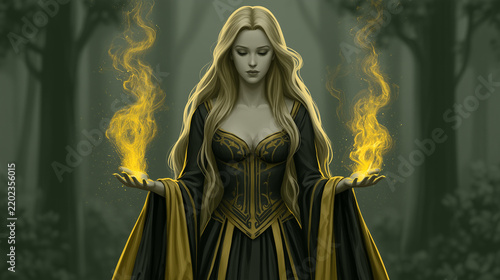 Mystical Blonde Sorceress Summoning Golden Magic in an Enchanted Forest