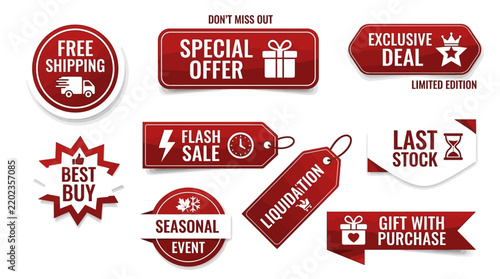 Collection of Red Sale Promotional Vector Label Designs Featuring Various Discount Badges and Marketing Tags for E-commerce Business Promotions