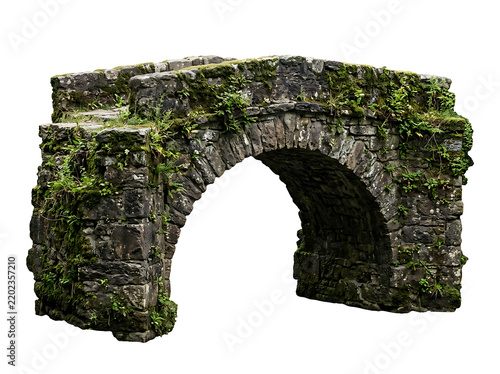 Ancient stone bridge with moss and ferns isolated on transparent background