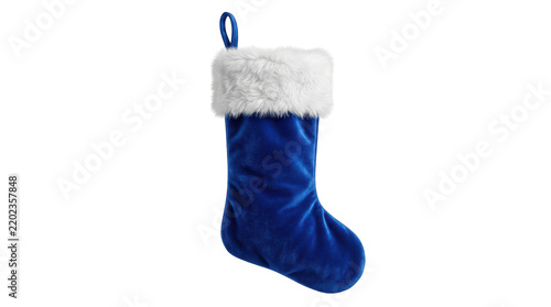 Blue velvet christmas stocking with a fluffy white cuff isolated on transparent background