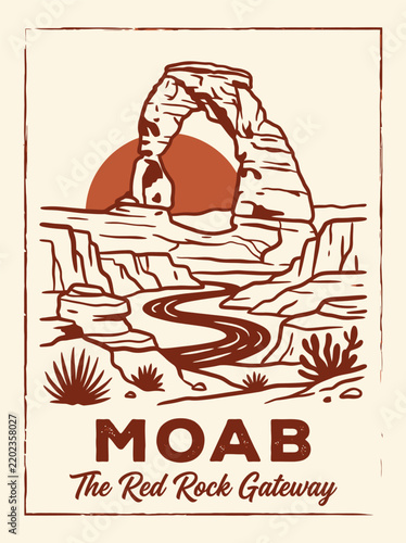 Moab Desert Landscape Poster with Natural Stone Arch in Vintage Retro Style