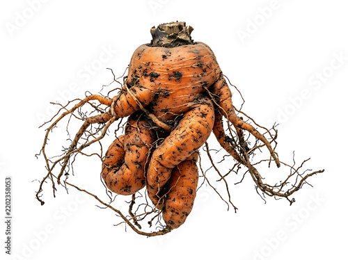 Ugly misshapen carrot vegetable isolated on transparent background