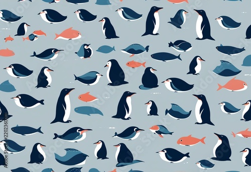 Seamless pattern of diverse penguins in various poses, perfect for modern design and illustration