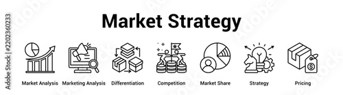 Market Strategy web banner icon vector illustration concept for business with icon of Market Analysis, Marketing Analysis, Differentiation, Competition, Market Share.