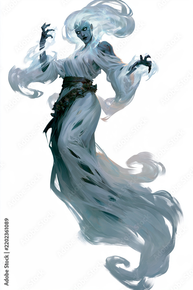 Fototapeta premium Ghost Female Spectral Sorceress With Flowing White Hair and Ethereal Gown for Halloween Fantasy Role Play Character