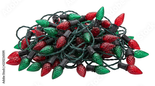 Tangled Pile of Red and Green Faceted Christmas String Lights