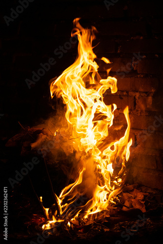 Bright orange and yellow flames blazing against a dark background. The flames originate from a small fire or burning wood.